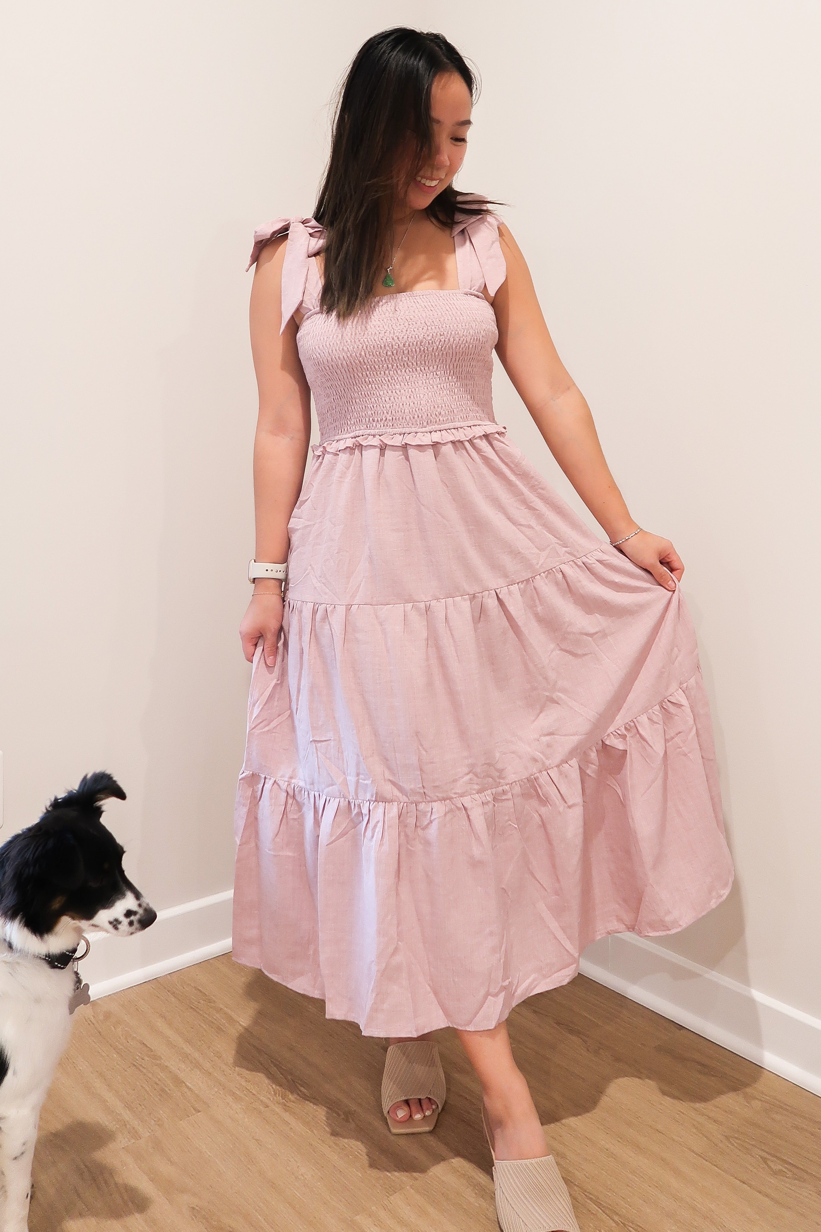 Mauve Bow Strap Tiered Midi Dress PinkBlush