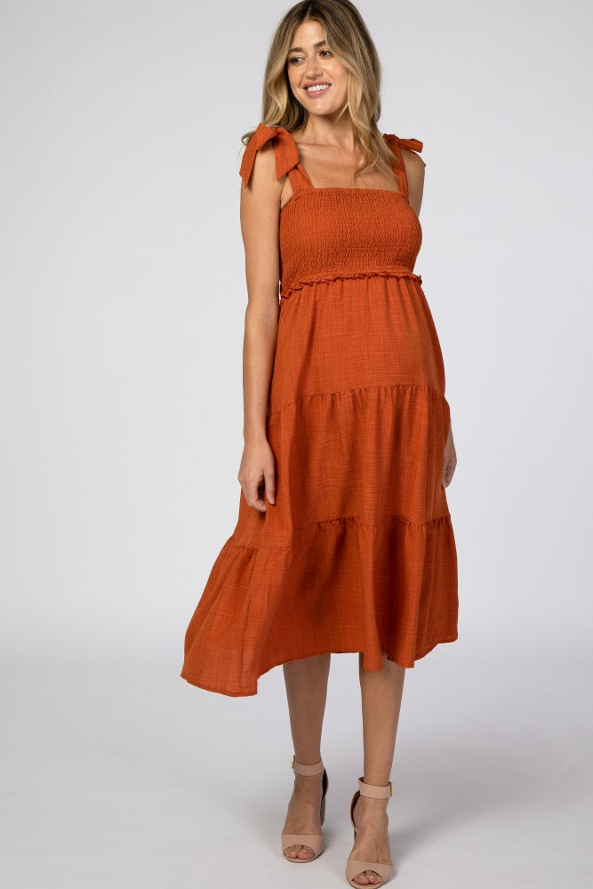 Rust Bow Strap Tiered Maternity Midi Dress PinkBlush