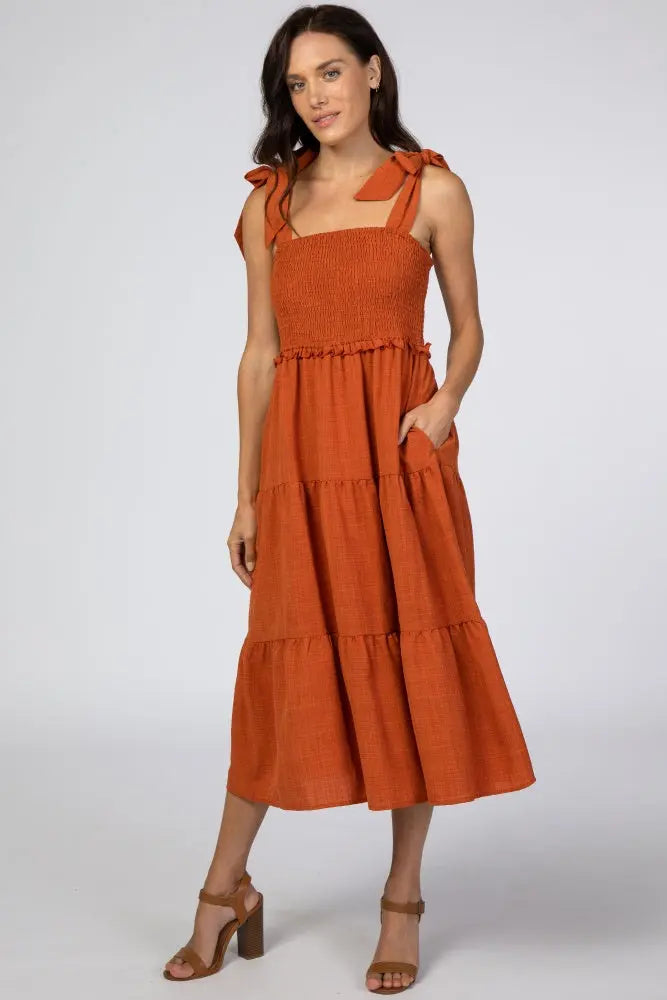 Rust Bow Strap Tiered Midi Dress PinkBlush