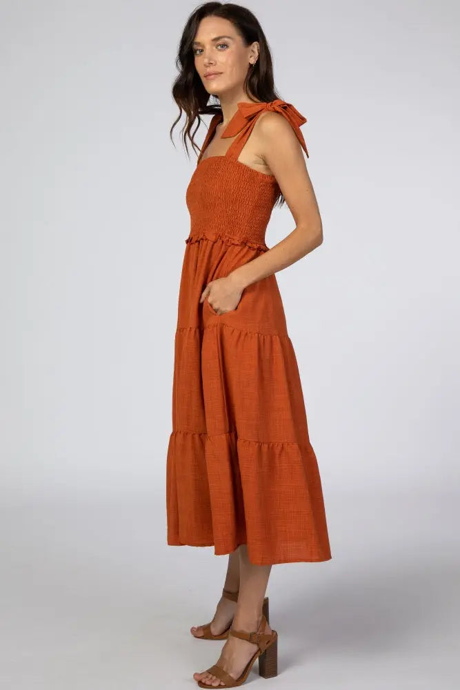 Rust Bow Strap Tiered Midi Dress PinkBlush