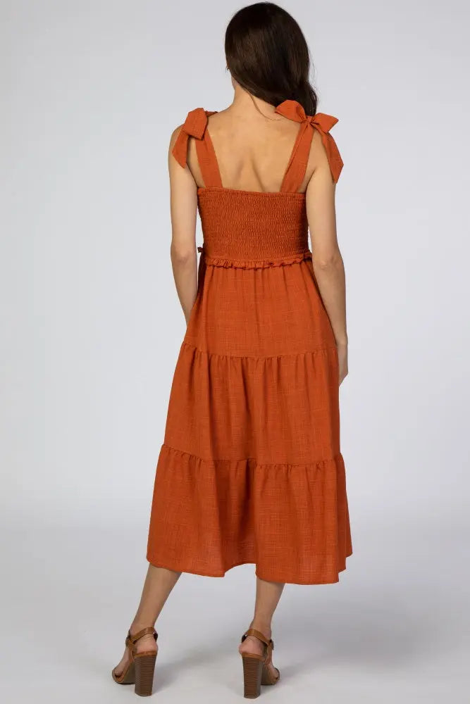 Rust Bow Strap Tiered Midi Dress PinkBlush