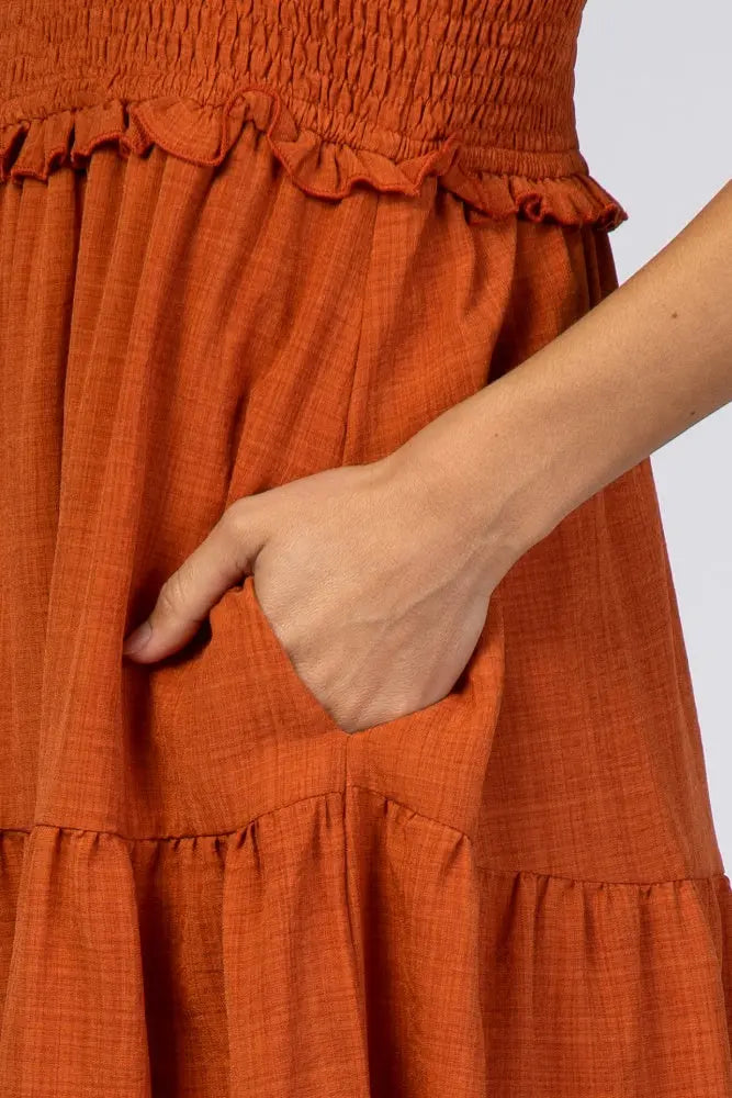 Rust Bow Strap Tiered Midi Dress PinkBlush