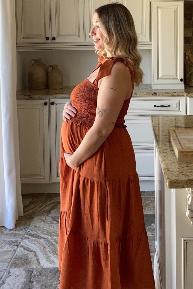 Rust Bow Strap Tiered Maternity Midi Dress PinkBlush