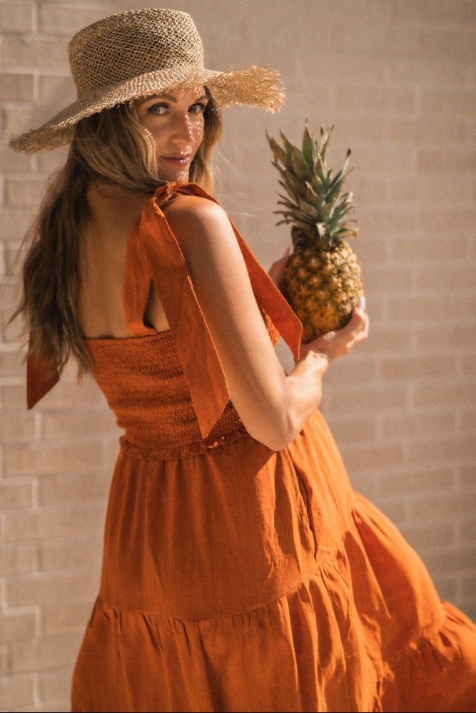 Rust Bow Strap Tiered Maternity Midi Dress PinkBlush