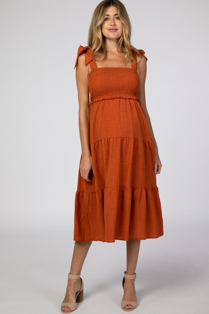 Rust Bow Strap Tiered Maternity Midi Dress PinkBlush