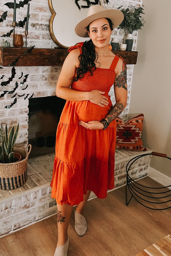 Rust Bow Strap Tiered Maternity Midi Dress PinkBlush