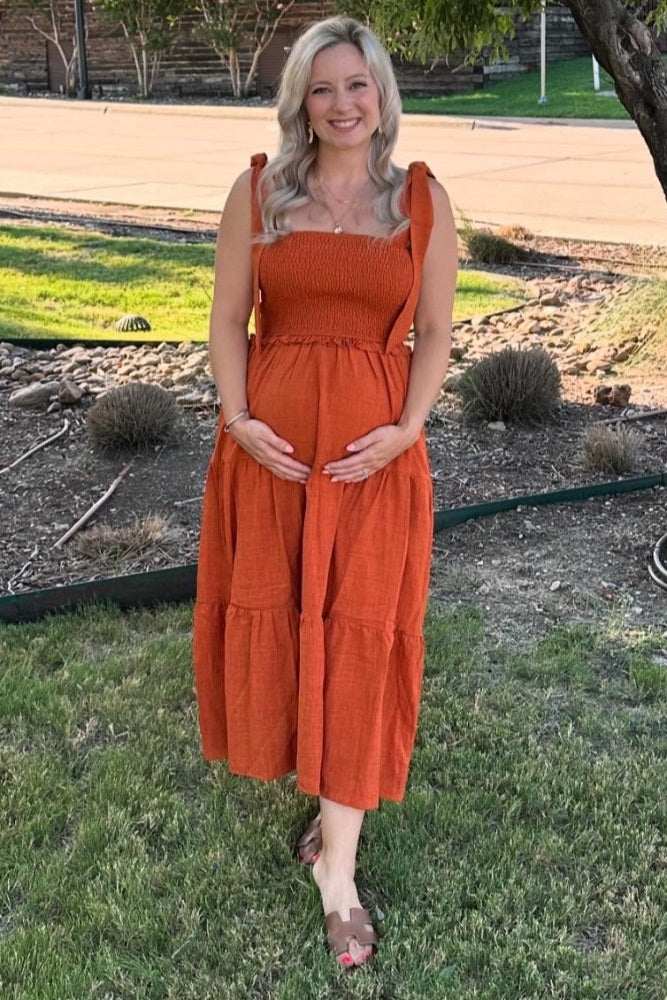 Rust Bow Strap Tiered Maternity Midi Dress PinkBlush
