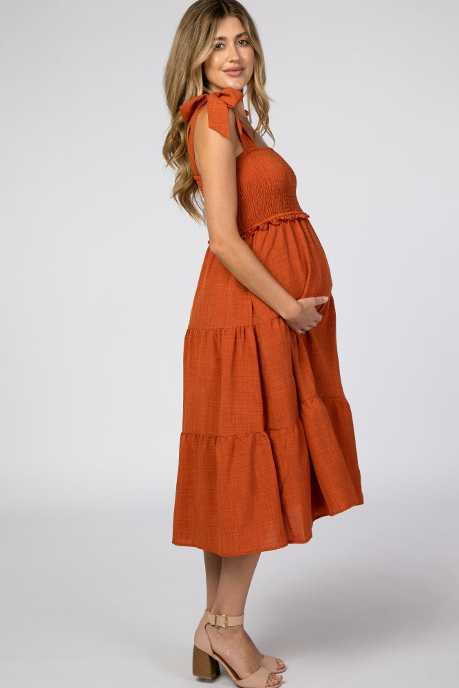 Rust Bow Strap Tiered Maternity Midi Dress PinkBlush