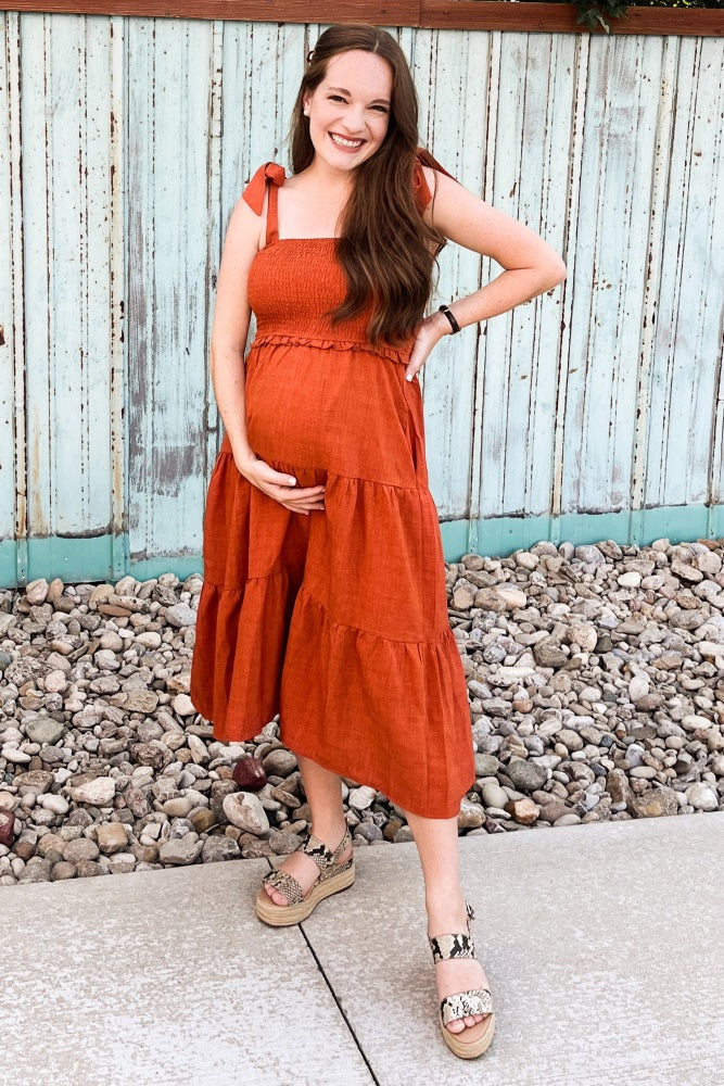 Rust Bow Strap Tiered Maternity Midi Dress PinkBlush