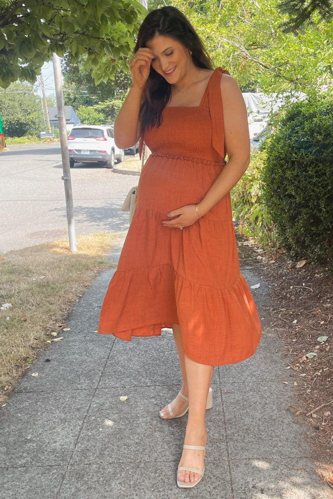 Rust Bow Strap Tiered Maternity Midi Dress PinkBlush
