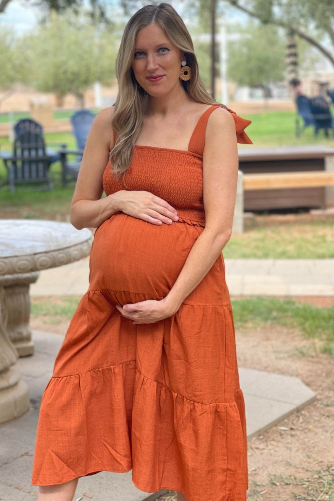 Rust Bow Strap Tiered Maternity Midi Dress PinkBlush