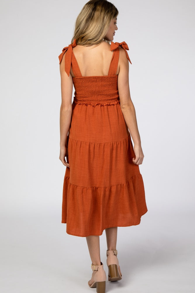 Rust Bow Strap Tiered Maternity Midi Dress PinkBlush