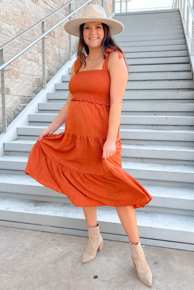 Rust Bow Strap Tiered Maternity Midi Dress PinkBlush