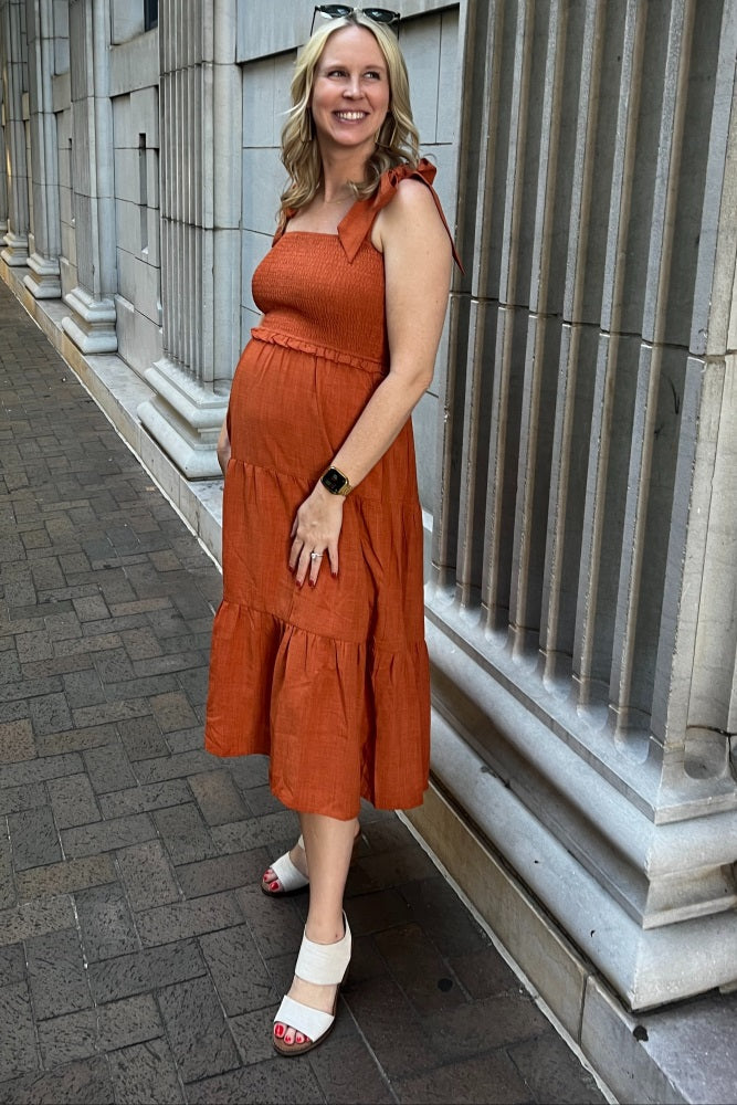 Rust Bow Strap Tiered Maternity Midi Dress PinkBlush