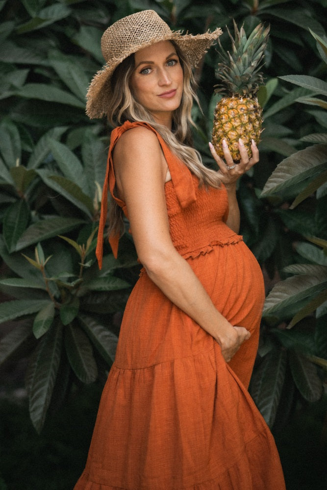 Rust Bow Strap Tiered Maternity Midi Dress PinkBlush
