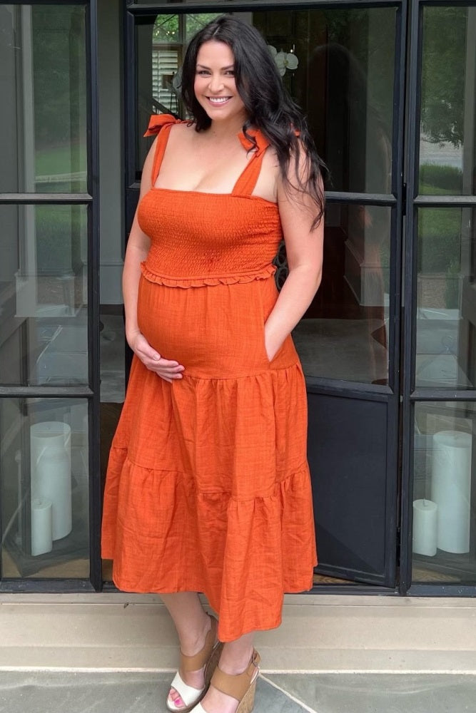 Rust Bow Strap Tiered Maternity Midi Dress PinkBlush
