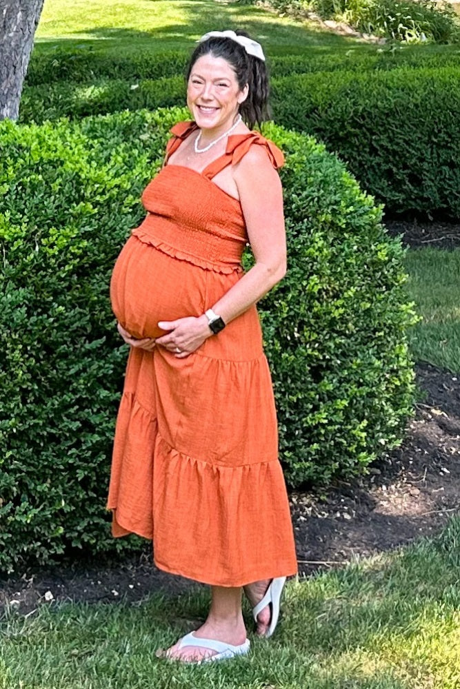 Rust Bow Strap Tiered Maternity Midi Dress PinkBlush