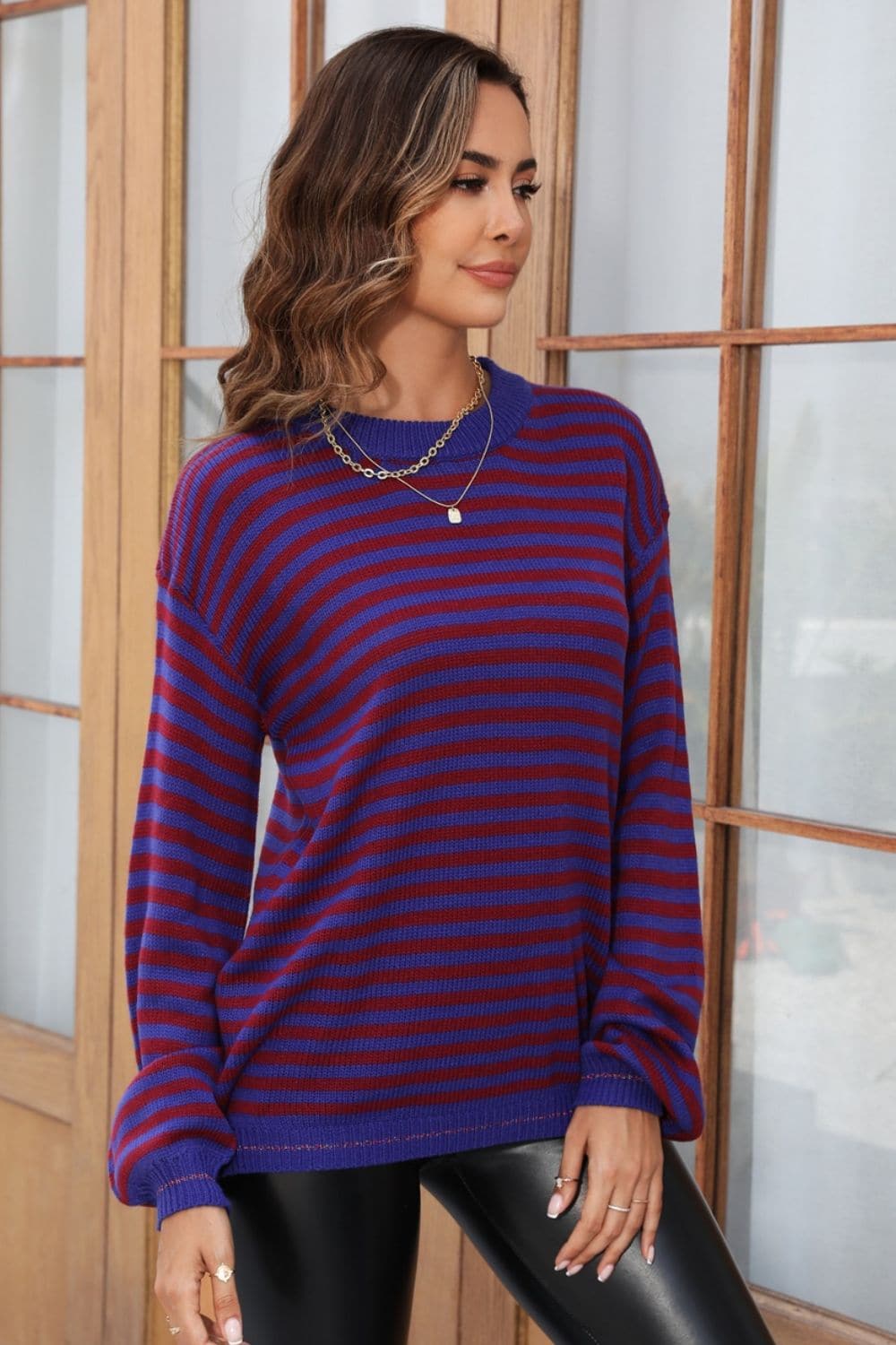 Striped Round Neck Dropped Shoulder Sweater.