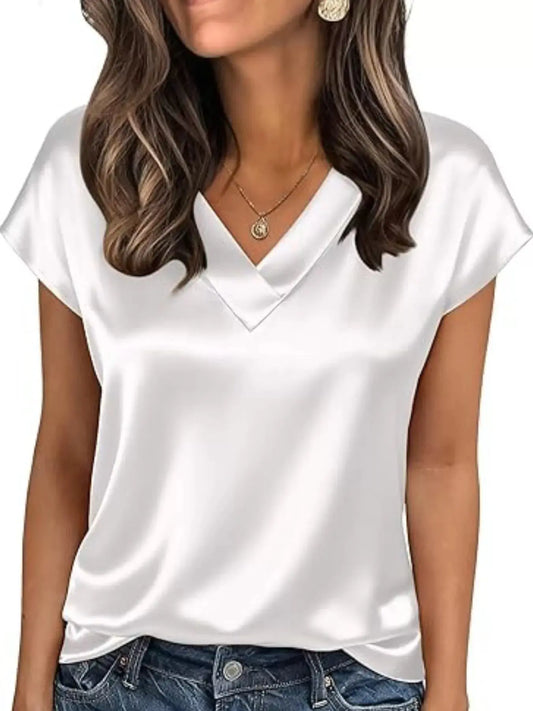 Satin V-Neck Short Sleeve Blouse Simply Love