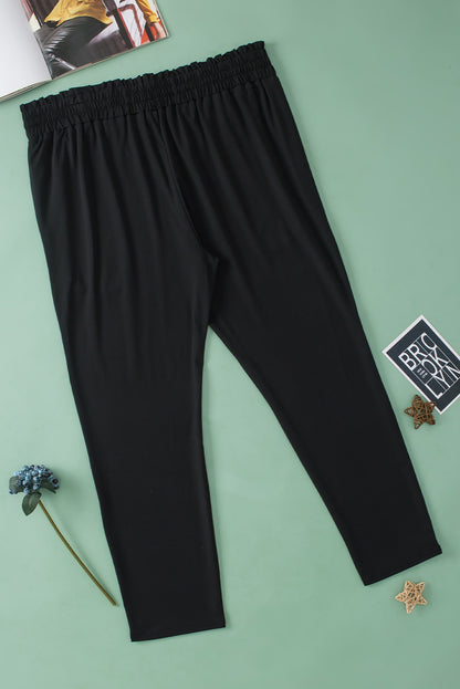 Elegant black plus size high waist frill soft pants with pockets