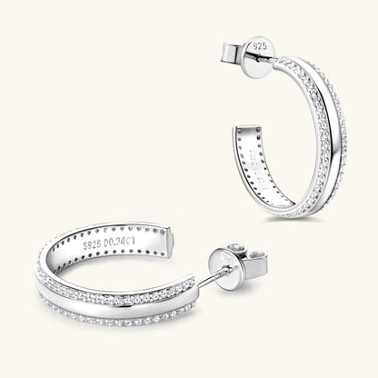 925 Sterling Silver Inlaid Moissanite C-Hoop Earrings.