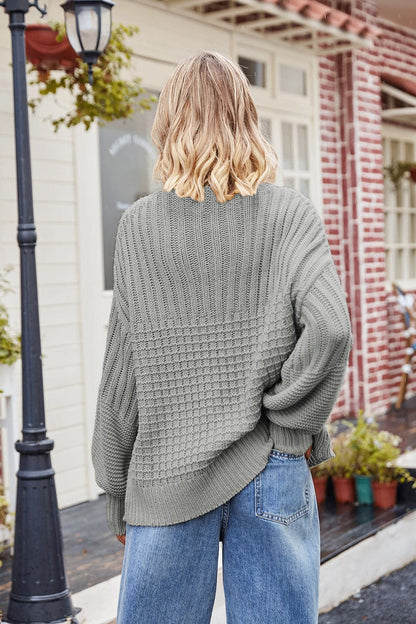 Ribbed Drop Shoulder Lantern Sleeve Sweater.