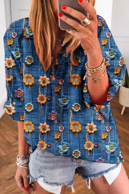 Premium Blue Floral Collared V Neck Roll Up Sleeve Blouse