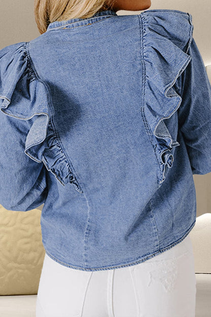 Ruffled Round Neck Long Sleeve Denim Top.