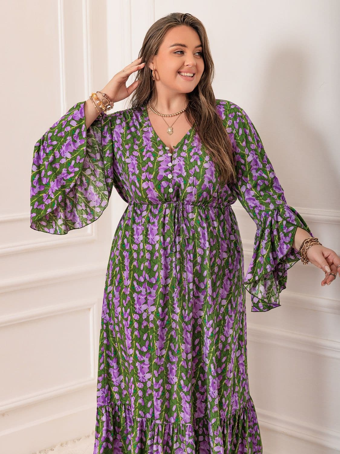 Plus Size Printed V-Neck Long Sleeve Maxi Dress.