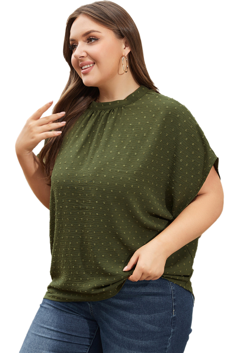 Moss green plus size swiss dot mock neck top with tie-back detail