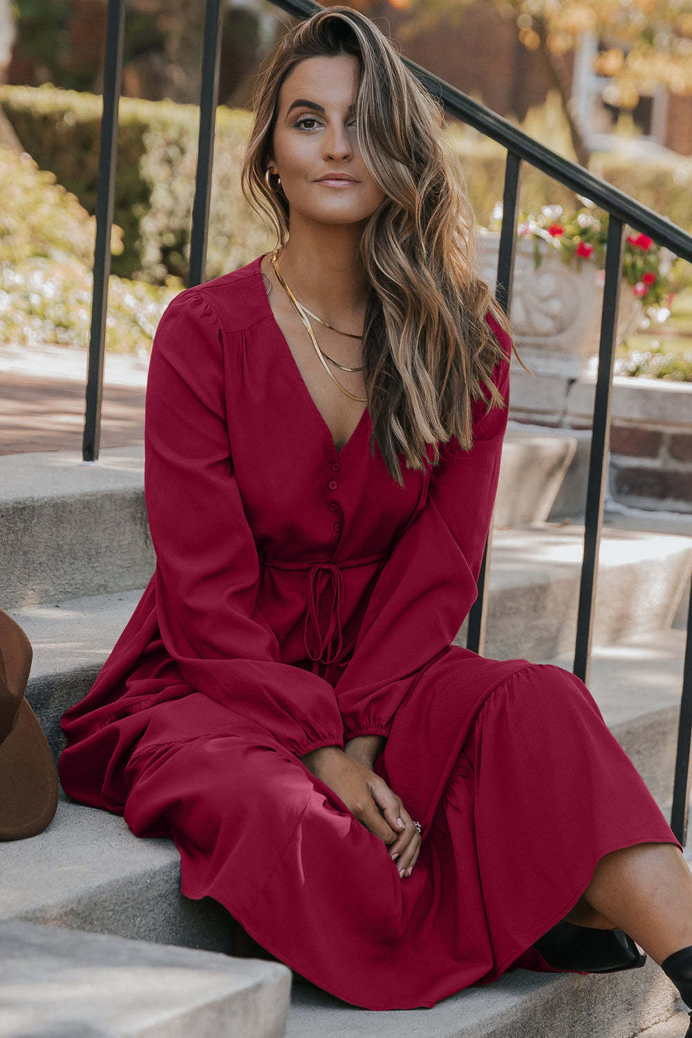 Burgundy Solid Long Sleeve Button Front V Neck Tiered Maxi Dress For Women Dear-Lover Dropshipping