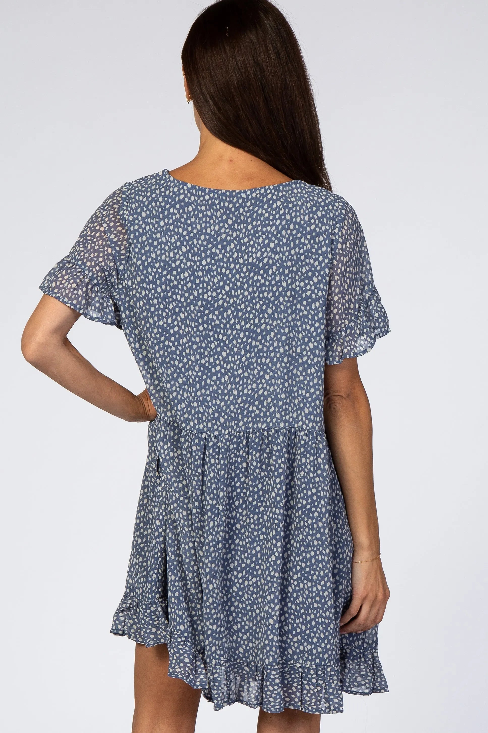 Blue Printed Chiffon Square Neck Ruffle Dress With Tiered Hem PinkBlush