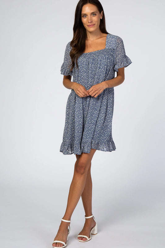 Blue Printed Chiffon Square Neck Ruffle Dress With Tiered Hem PinkBlush
