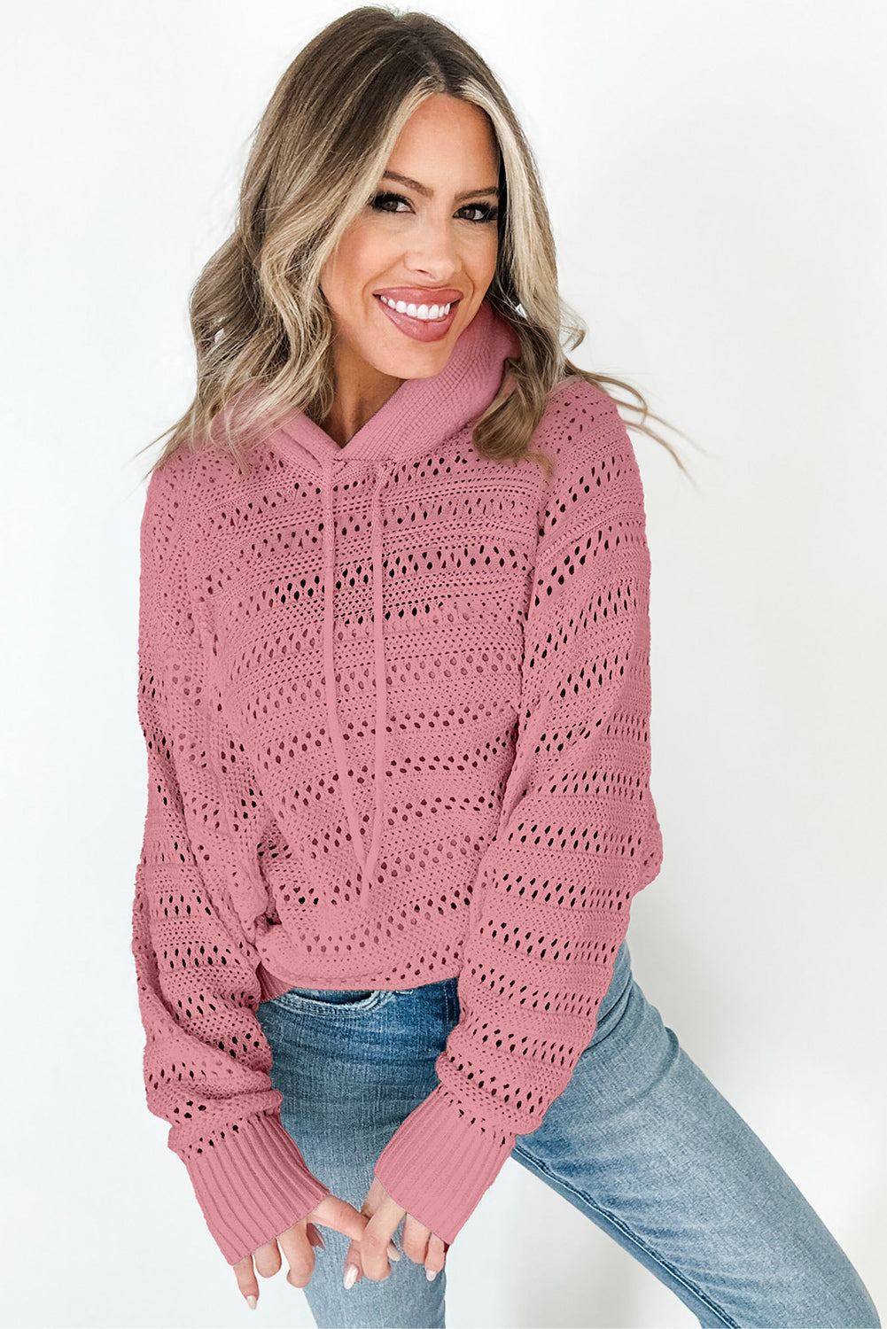 Peach blossom pointelle knit hoodie with stylish raglan sleeves