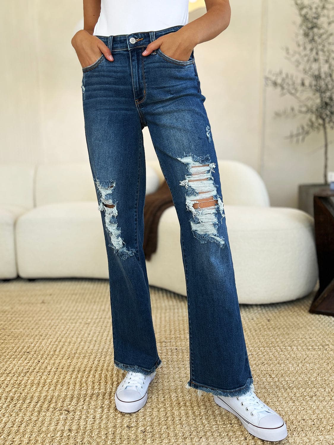 Judy Blue Full Size Mid Rise Distressed Raw Hem Jeans.