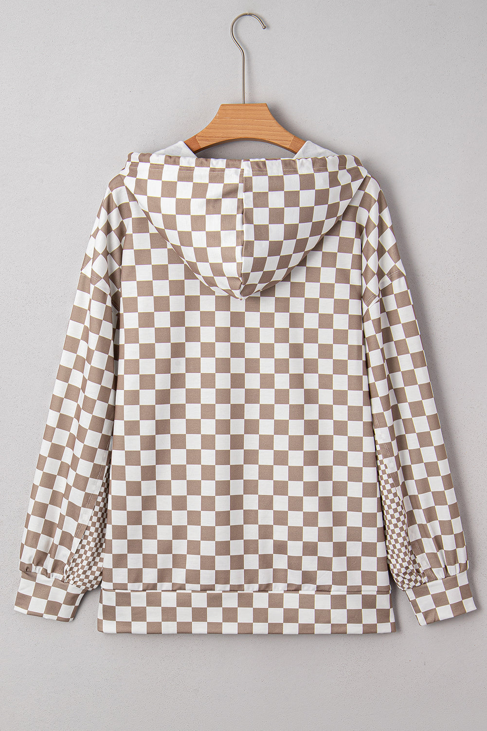 Khaki Double Checkered Patchwork Tie Neck Oversize Hoodie Dear-Lover Dropshipping