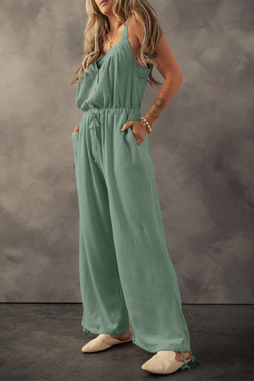 Drawstring Wide Strap Wide Leg Overalls.