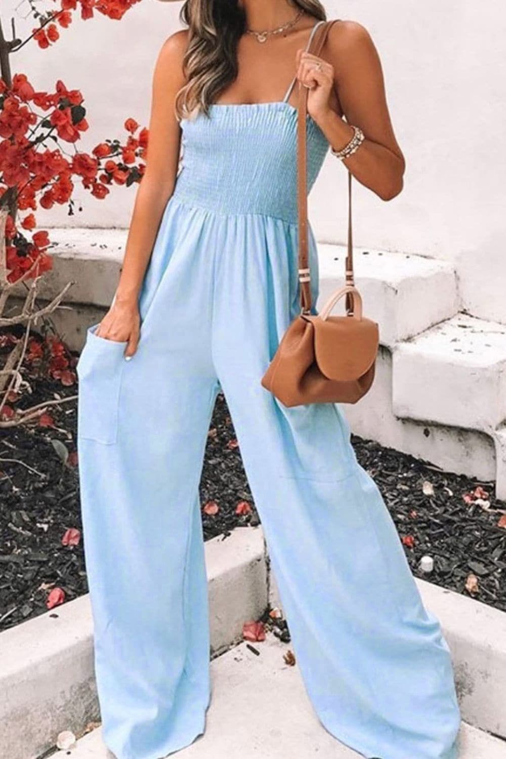 Smocked Spaghetti Strap Wide Leg Jumpsuit.