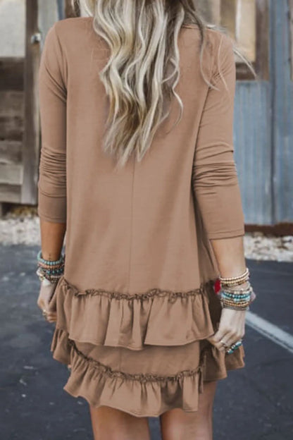 Playful ruffled scoop neck mini dress with three-quarter sleeves