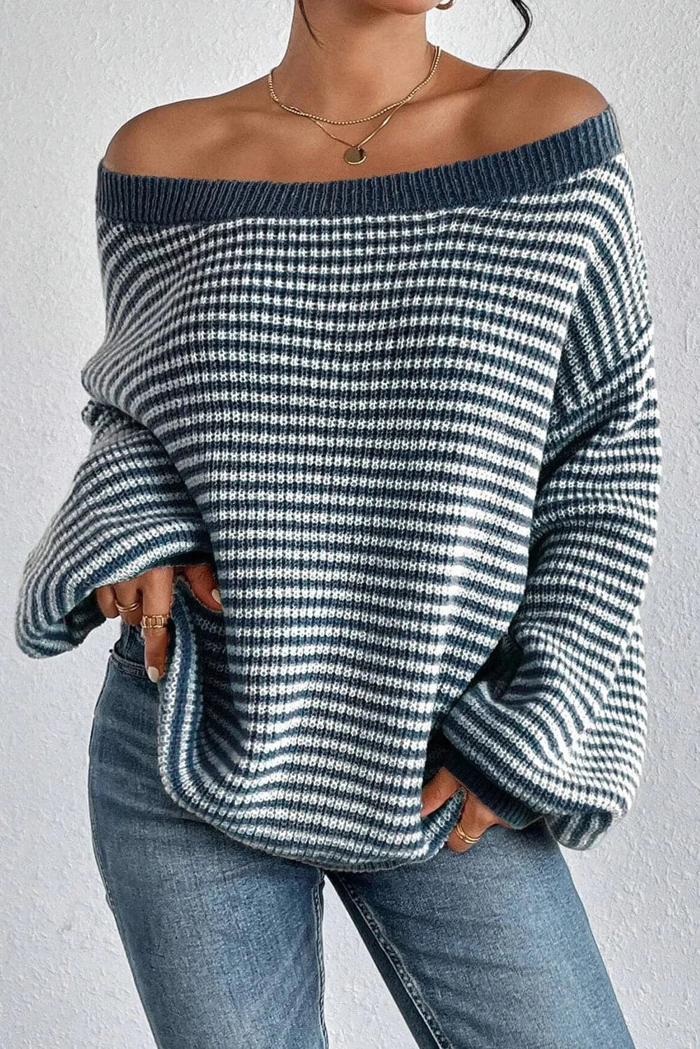 Cozy striped dropped shoulder sweater with round neck