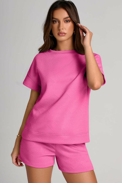 Textured Round Neck T-Shirt and Shorts Set.