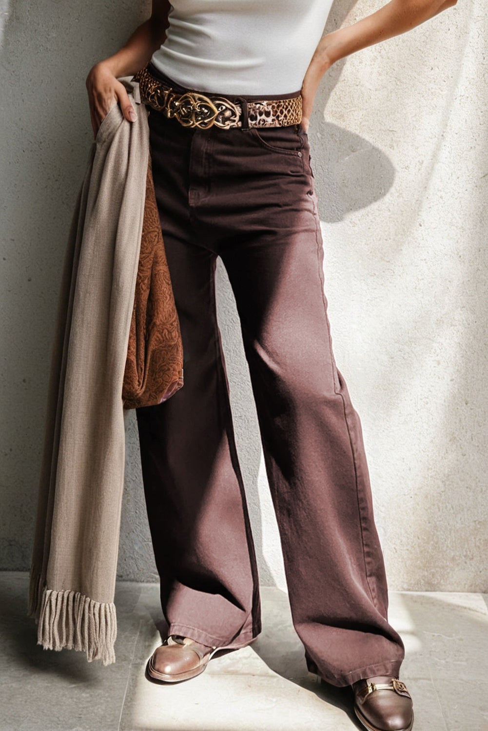Coffee Loose Straight High Waist Solid Color Jeans Love Salve