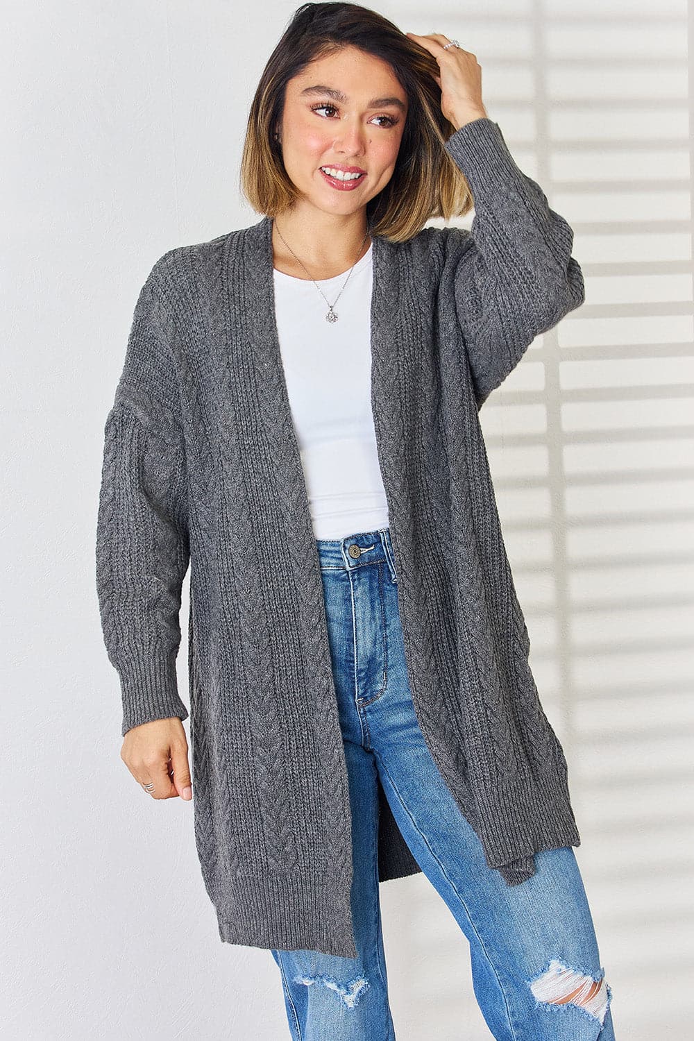 Cable-Knit Open Front Dropped Shoulder Cardigan.