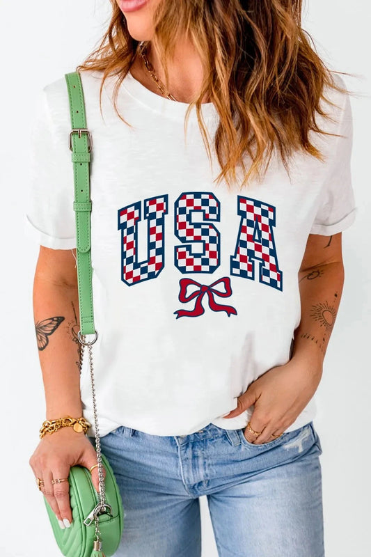 Checkered USA Graphic Round Neck Tee Simply Love