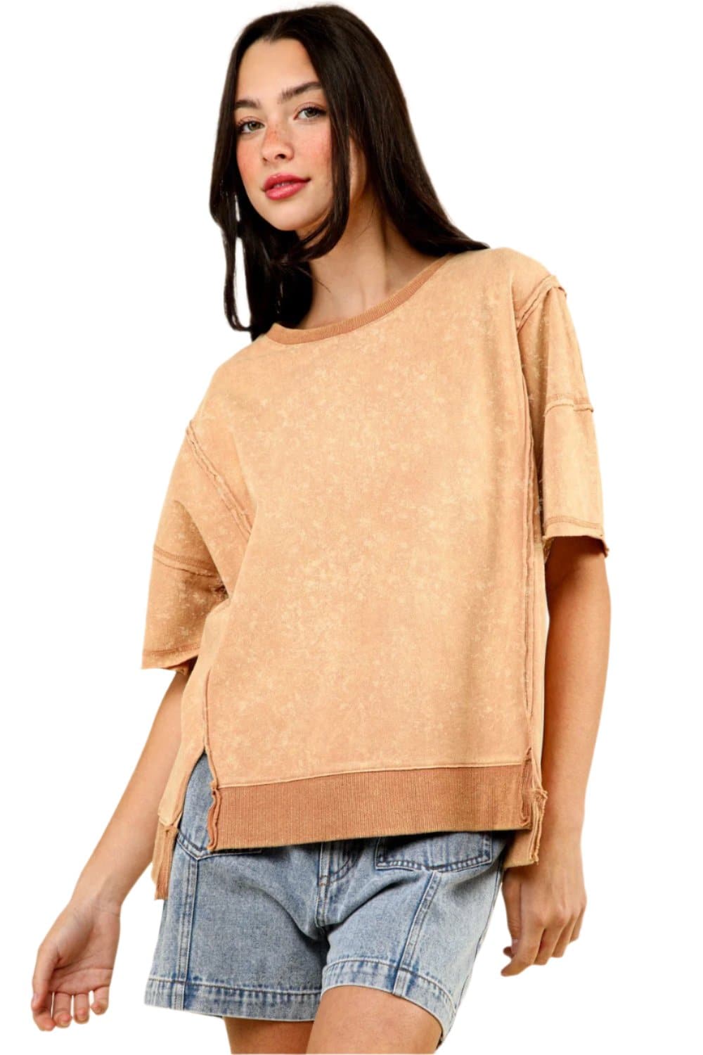 VERY J Round Neck Exposed Seam Slit T-Shirt.