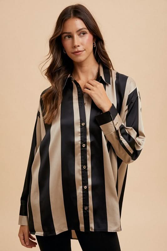 Casual Striped Button-Up Shirt with Dropped Shoulders