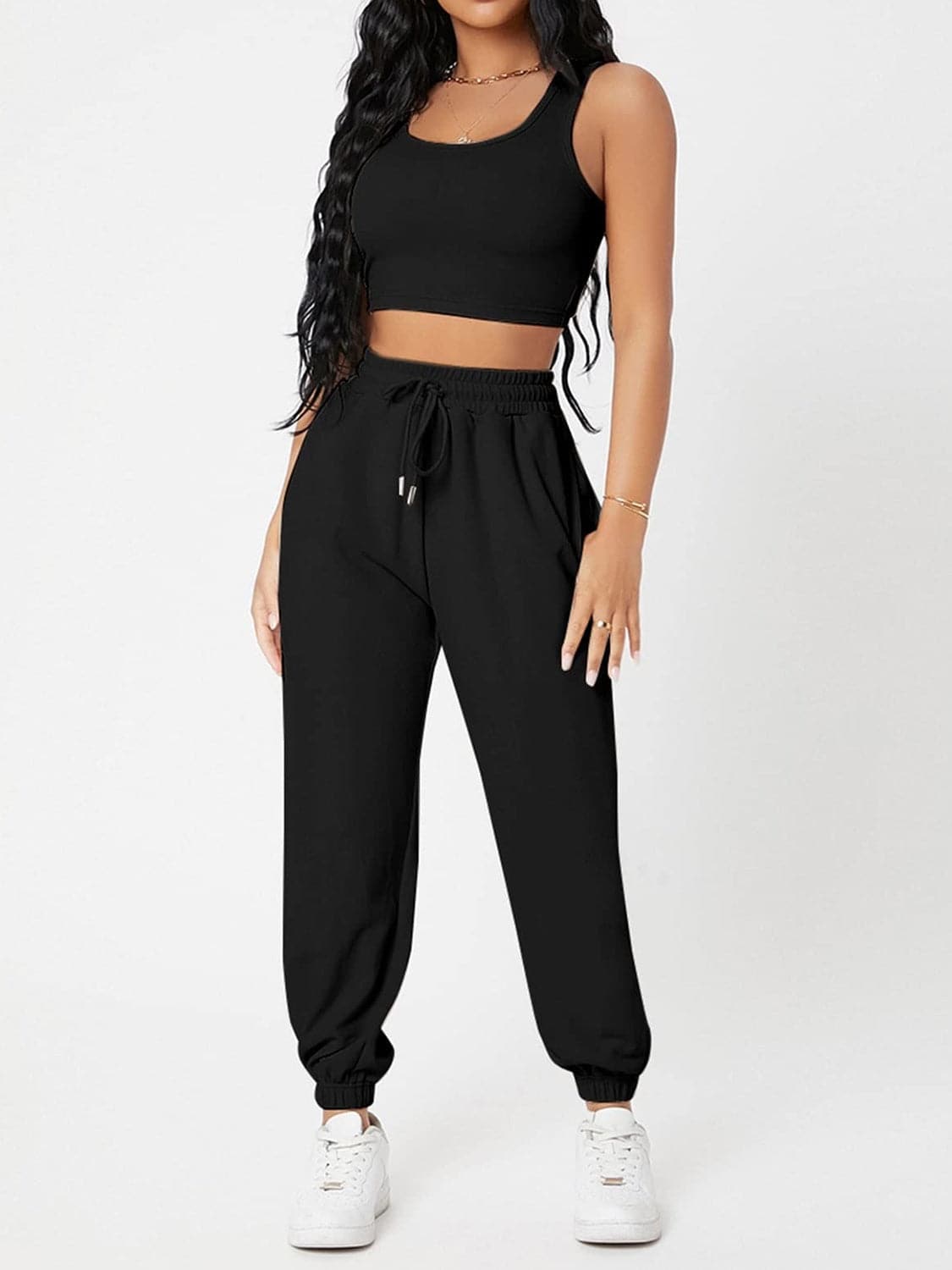 Wide Strap Top and Drawstring Joggers Set.