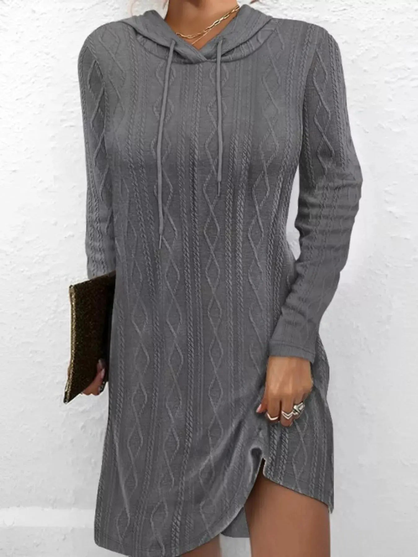 Casual Long Sleeve Hooded Cable Knit Dress With Drawstring Slit Simply Love