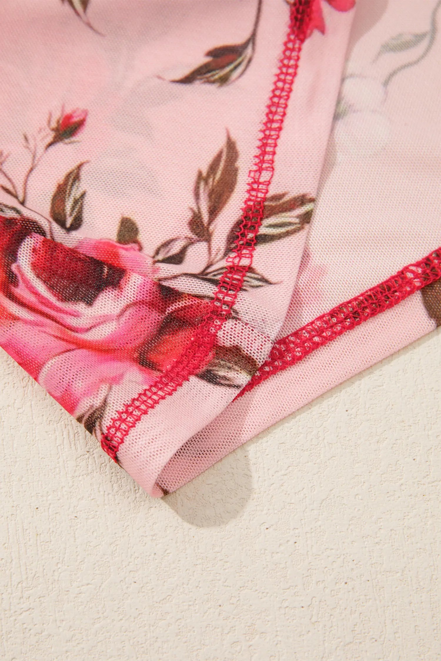Pink Floral Print Mesh Long Sleeve Top With Exposed Seam Detail Dear-Lover Dropshipping