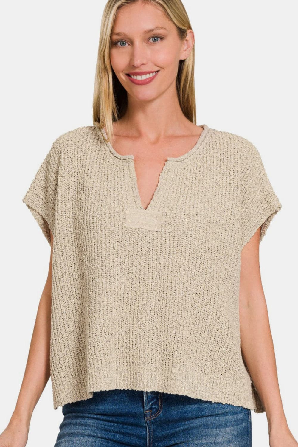 Zenana Short Sleeve Side Slit Sweater.